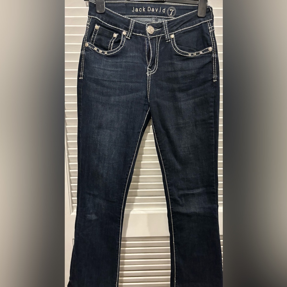Jack David Dark Indigo Wash Cross Embellished Pocket Mid Rise Boot Cut Jeans 7 - Picture 2 of 5